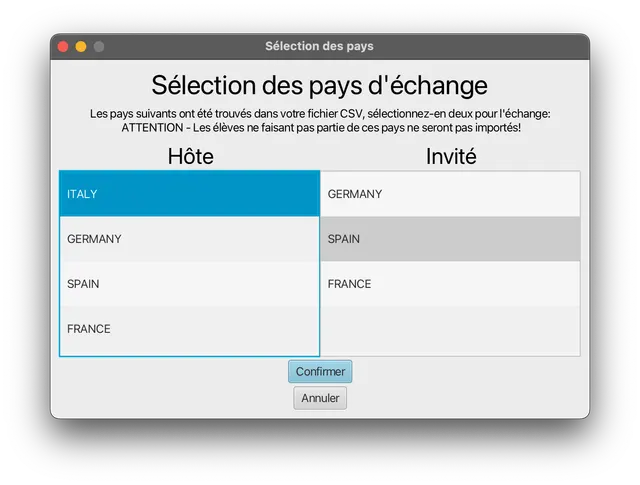 Exchange country selection window: a host and a guest country, taken from the imported CSV file
