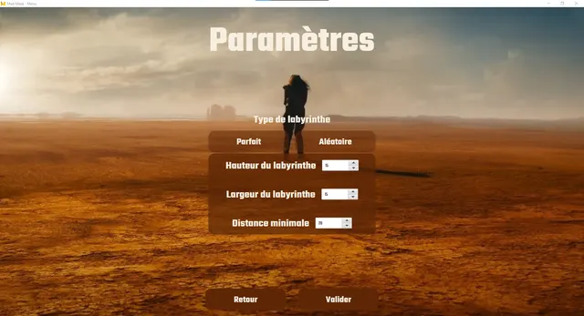 Paramètres : type de labyrinthe (parfait ou aléatoire), hauteur, largeur et distance minimale